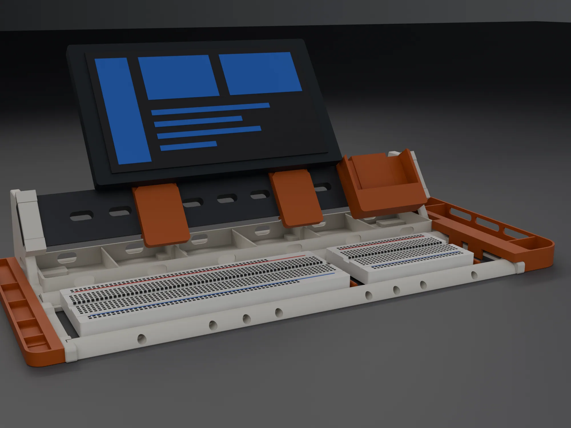 Frame bench, hero view: breadboards in the cradle, 7-inch display on the mount, side bin on the right
