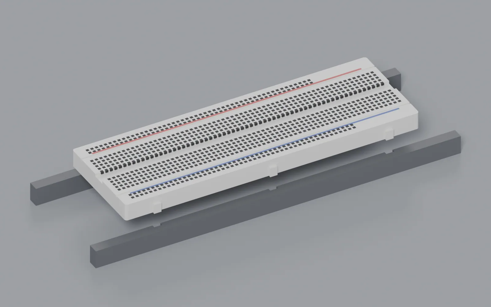 A breadboard held above two rails, its cleats over their pockets and pegs