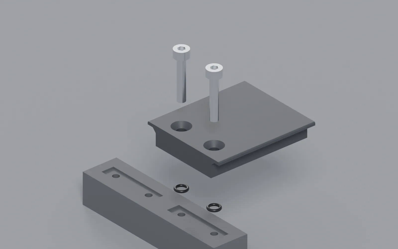 Exploded view: block, two O-rings, rail stub, two cap screws