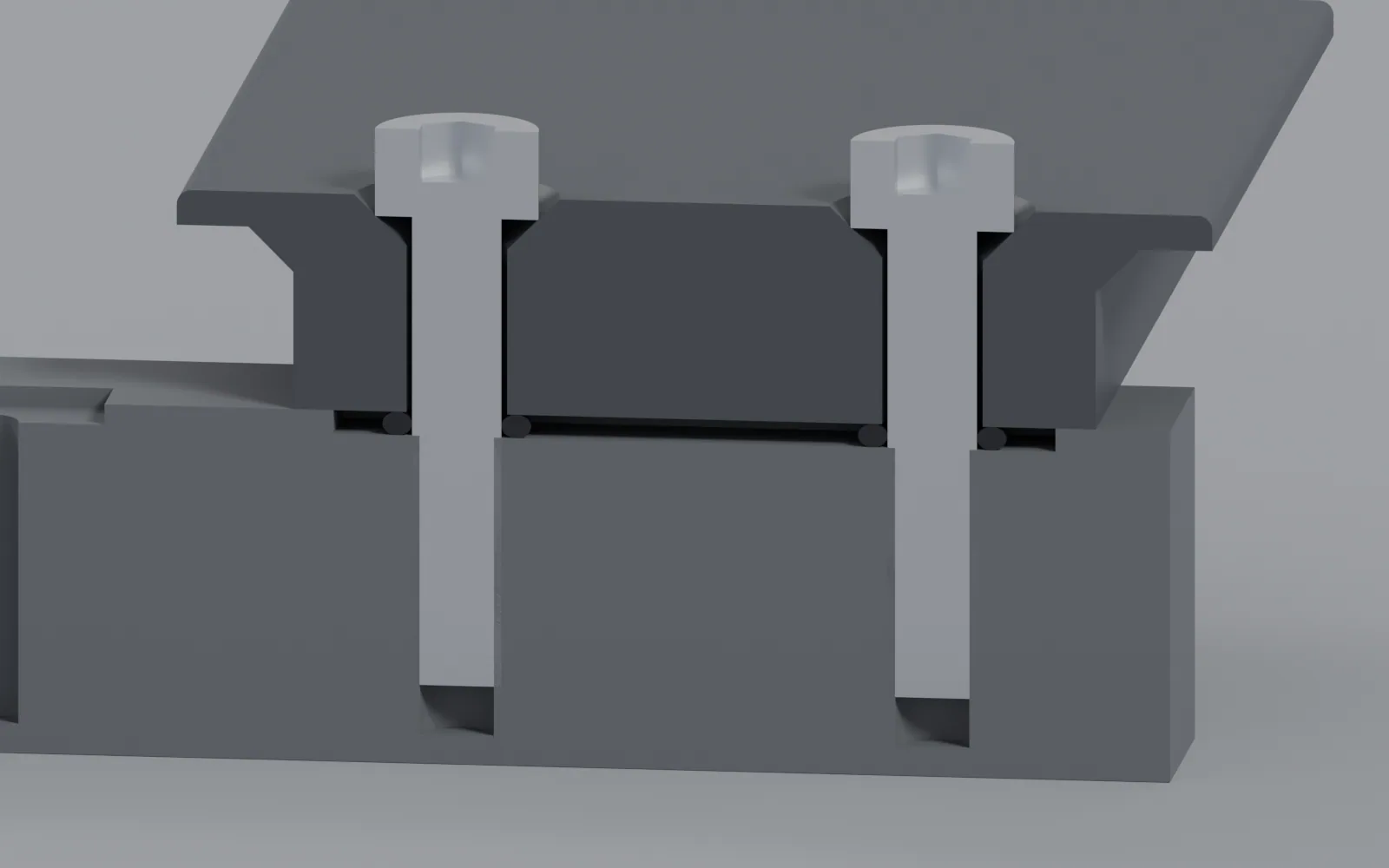 The assembled joint sliced through both screws